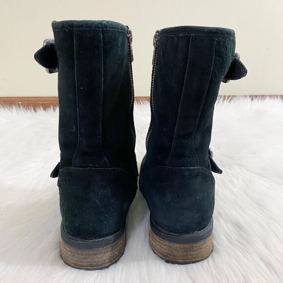 Ugg Black Suede Moto Boots Women's Size 6.5 Side Zip Shearling Lined Round Toe - Picture 4 of 10